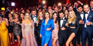 Collage of Romanian celebrities at glamorous events.