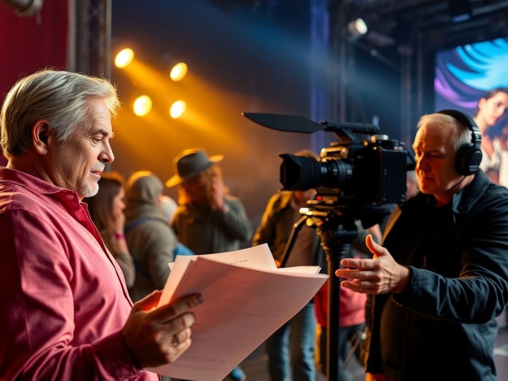 Filmele și proiectele de succes ale vedetelor: Povestea din spatele camerelor 1 Actori și echipă de filmare pe un platou iluminat vibrant