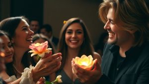 Vedetă și fan interacționând emoționant.